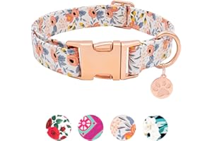 HSIGIO Soft Cotton Dog Collar, Adjustable Durable Dog Collar with Metal Buckle, Orange Floral with Pendant Girl Boy Dog Colla