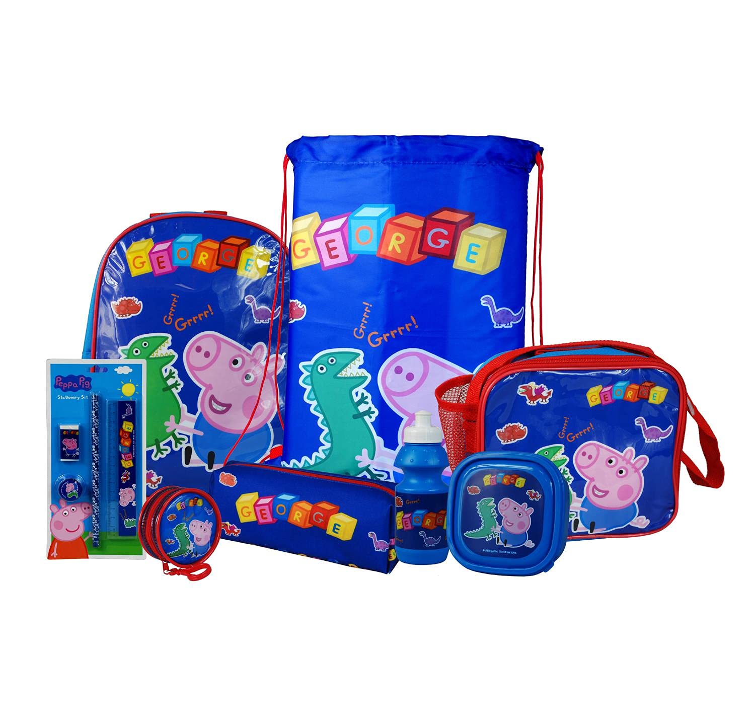 Peppa Pig George 8PC Back to School Bundle - inc Backpack, Drawstring Sports Bag, Insulated Lunch Bag, Sandwich Box, Water Bottle, Coin Pouch, Pencil Case & Stationery Set.