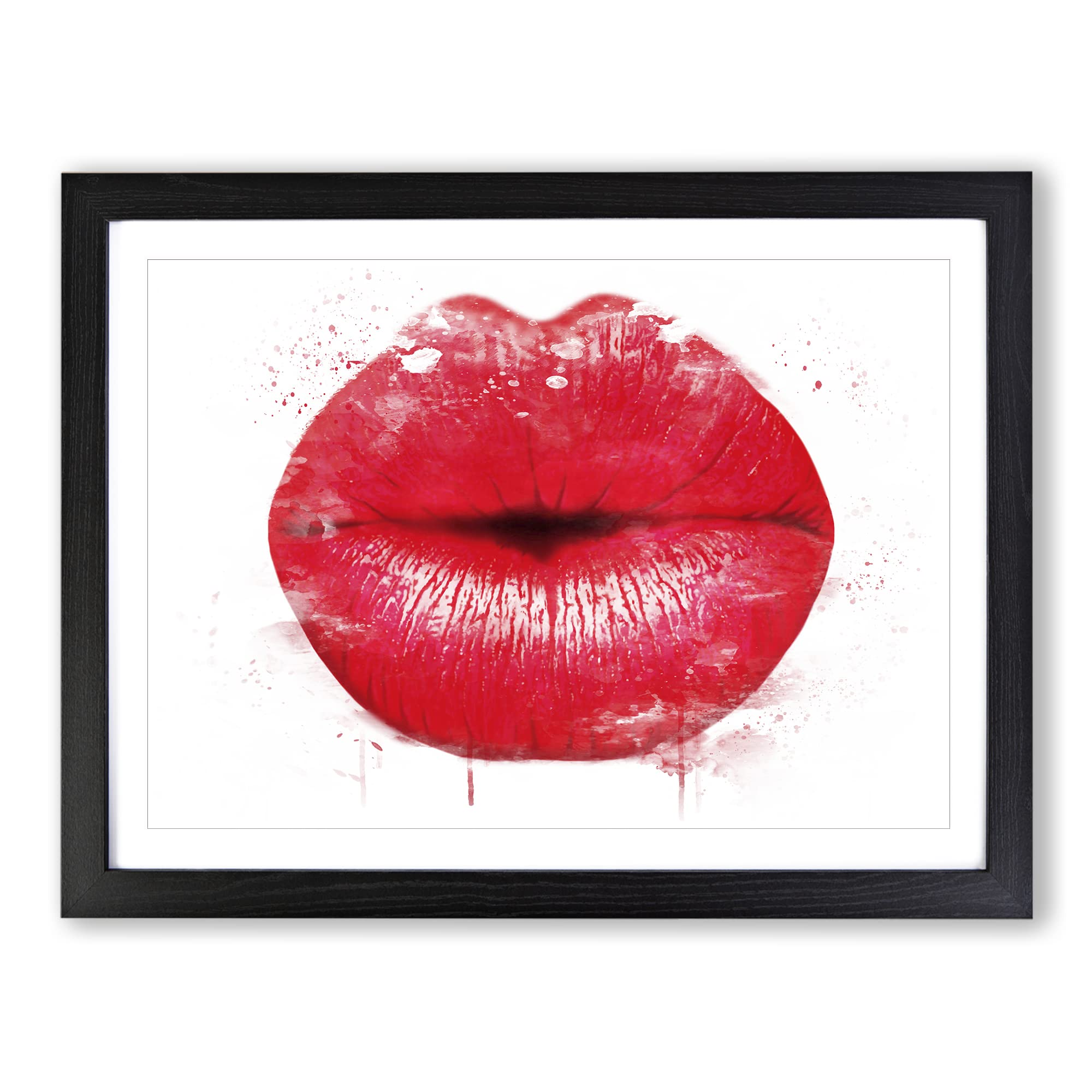 Red Lips Kiss V3 Modern Framed Wall Art Print, Ready to Hang Picture for Living Room Bedroom Home Office Décor, Black A3 (46 x 34 cm)