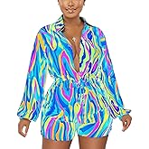 CaniBtr Women's Sexy Long Sleeve Rompers Deep V Neck Elastic Waisted Printed Shorts Jumpsuits One Piece Outfit