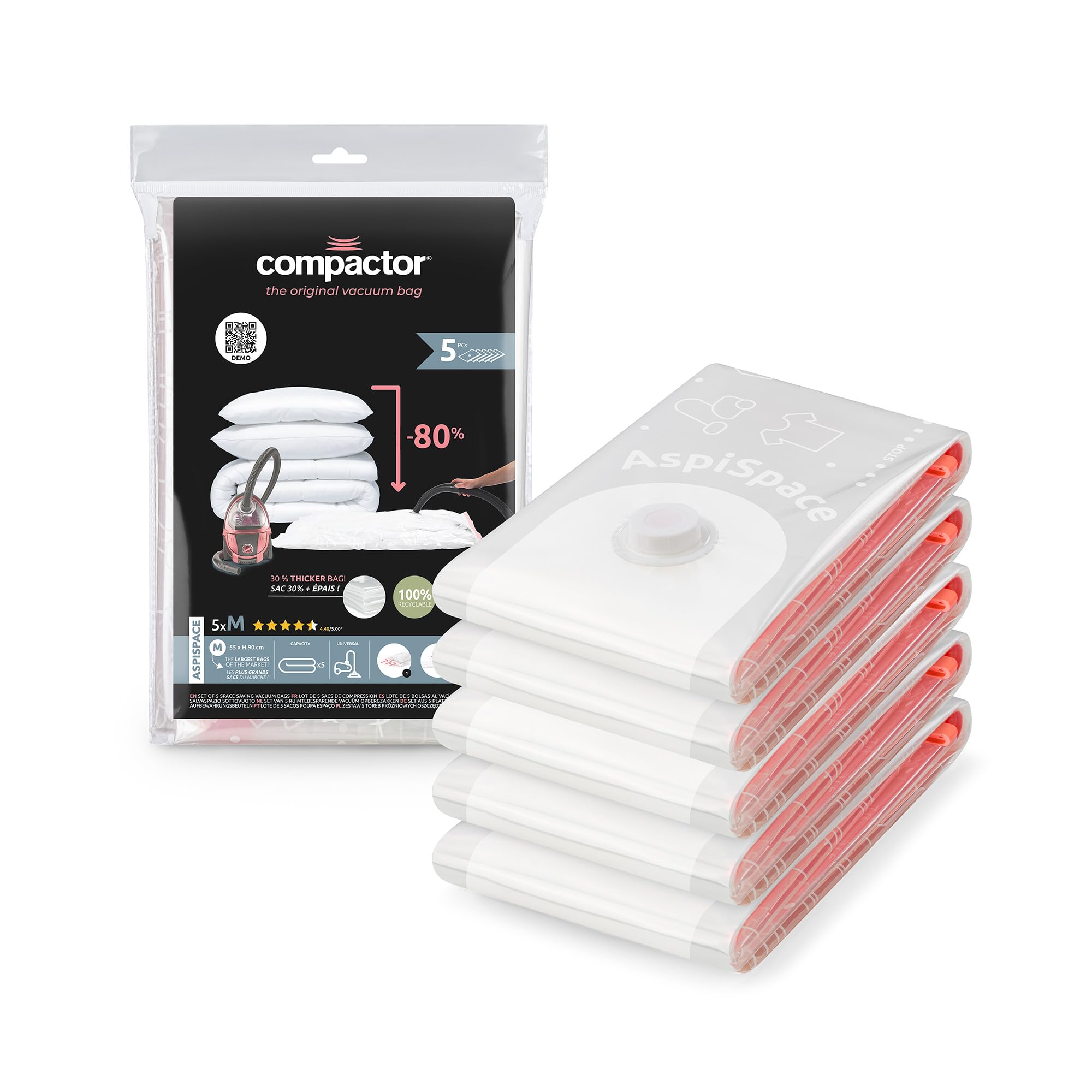 Compactor Set of 5 Space Saving Vacuum Storage Bags, Size M, Extra-flat, Aspispace Range, Transparent, 55 x 90 cm, RAN7368