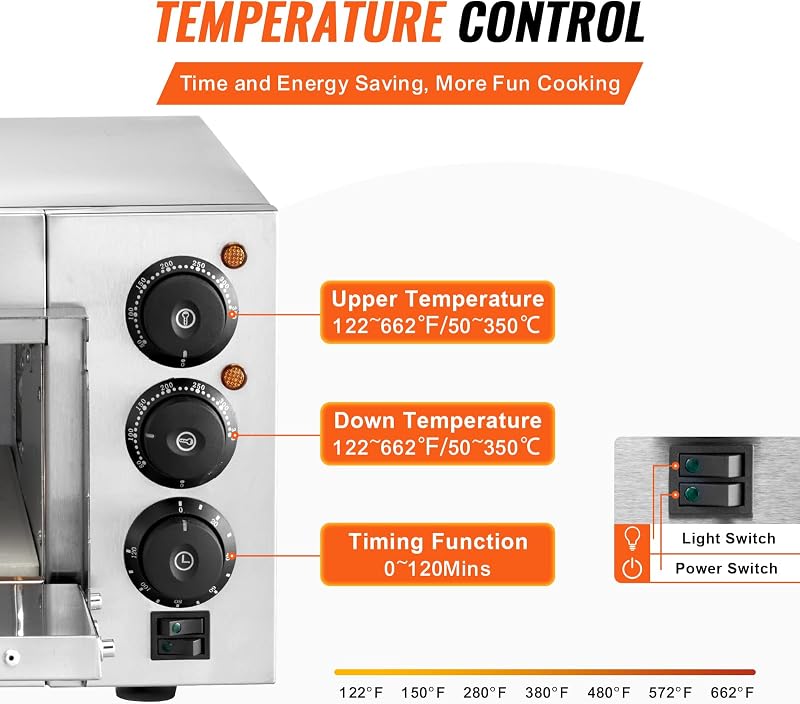 Horno de Pizza Comercial Eléctrico de Encimera de Una Sola Capa, Acero Inoxidable con Piedra y Mango, Multiusos para Interiores para Restaurantes, Pretzels Horneados en Casa, 517 x 470 x 266 mm