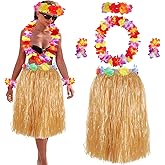 Jewemia Hawaiian Luau Hula Grass Skirt with Large Flower Costume Set for Adults Luau Outfits for Women Party Decorations