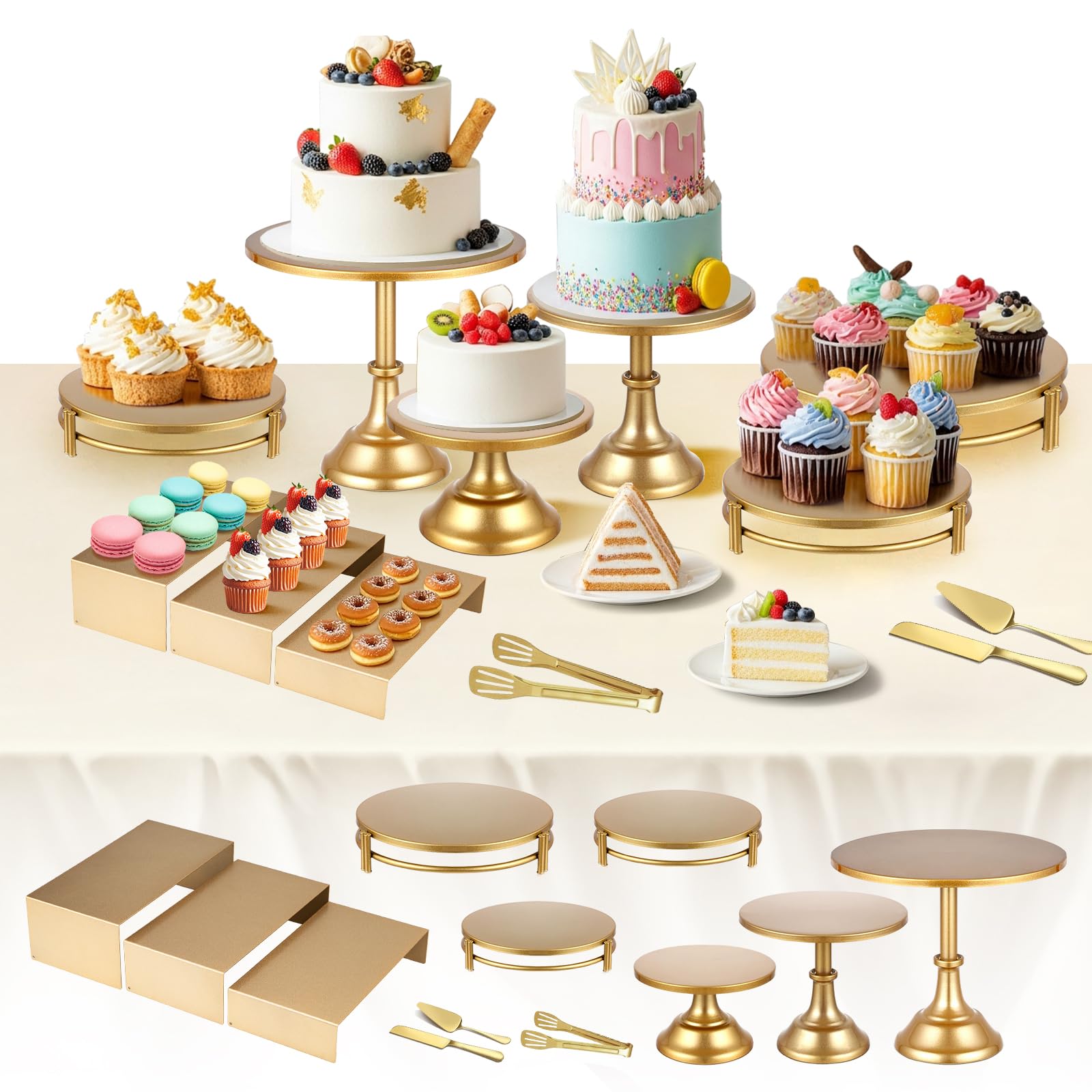 Photo 1 of sansaieco 12 PCS Gold Cake Stand Set with Gold Pedestal Cake Stand and Cake Cutter Pie Spatula, Dessert Table Display Set for Wedding, Party, Birthday, Baby Shower, Event Bridal Celebration