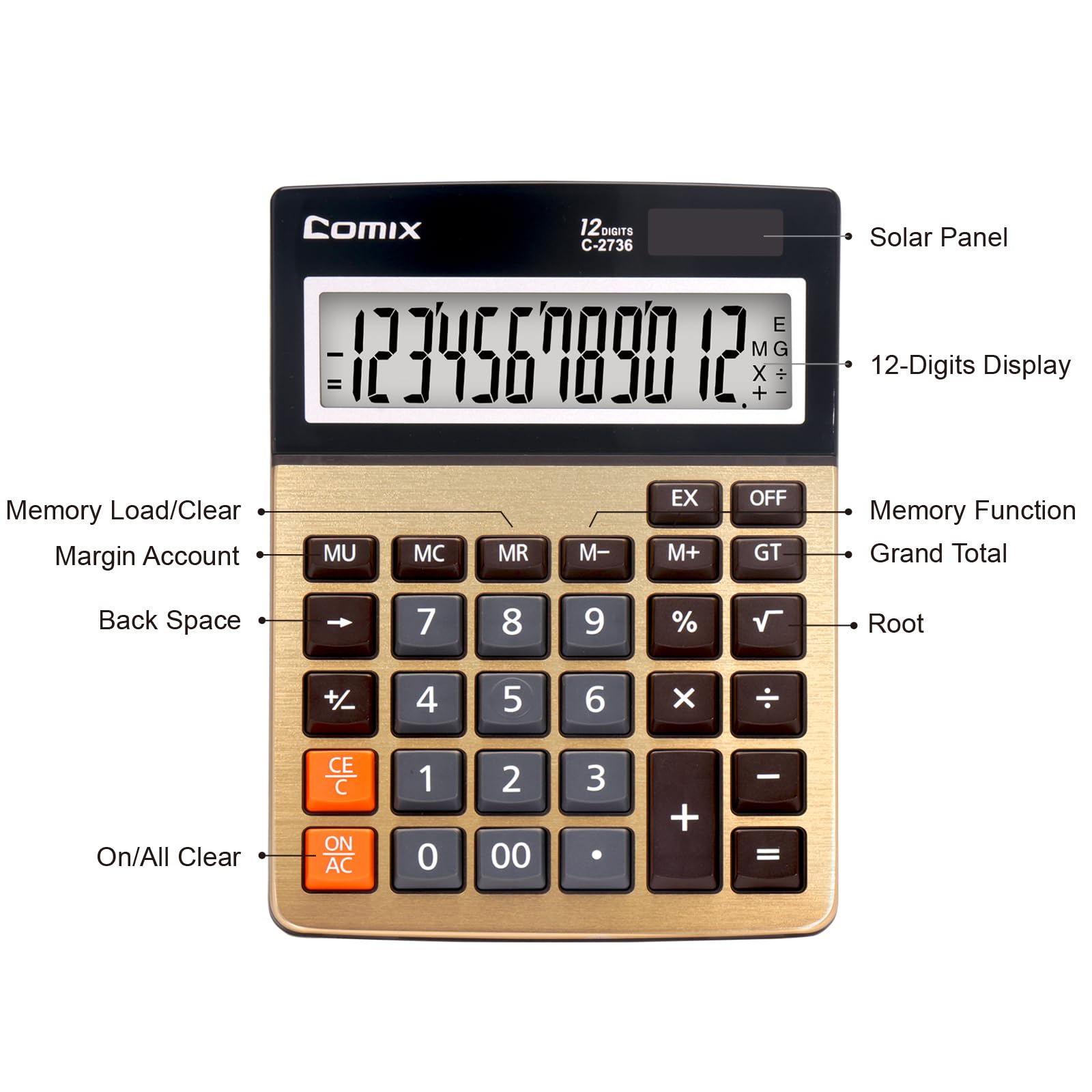 Comix Desk Calculator, 12-Digit Large LCD Display, Big Buttons, Solar Battery Dual Power, Desktop Calculator for Home Office School C-2736
