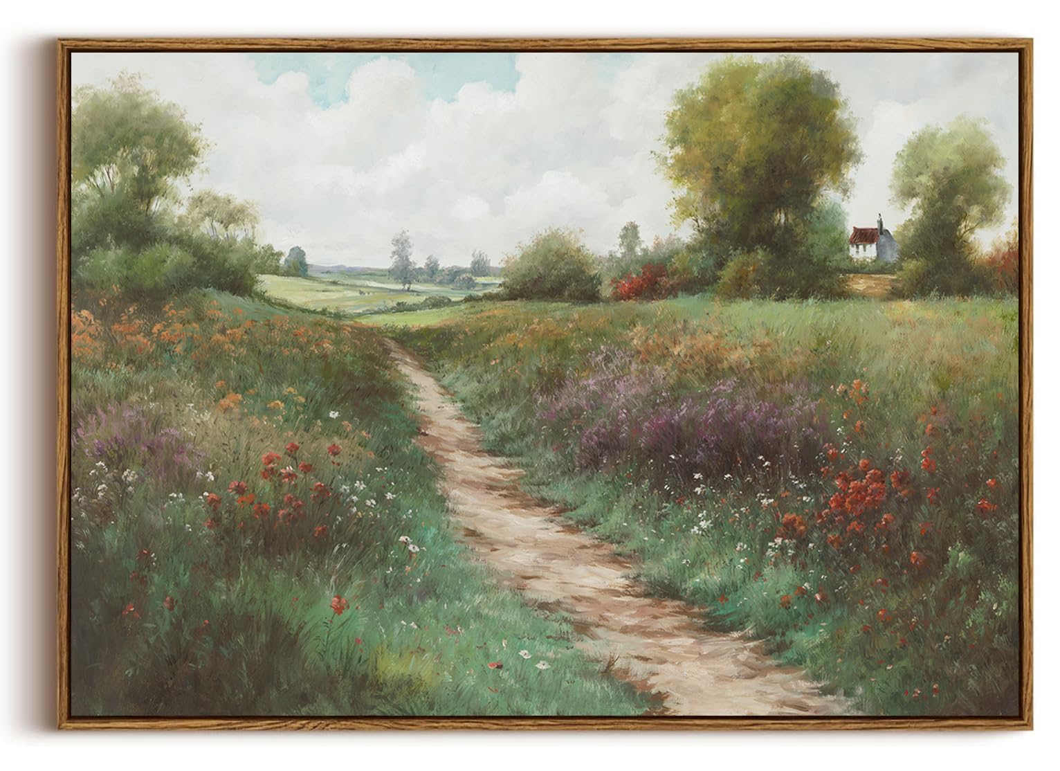 Photo 1 of KISSFOX Vintage Landscape Canvas Wall Art Summer Farmhouse Wildflower Field Path Framed Wall Art Natural Countryside Cottagecore Paintings Artwork Rustic Art Prints For Bedroom Bathroom Living Room