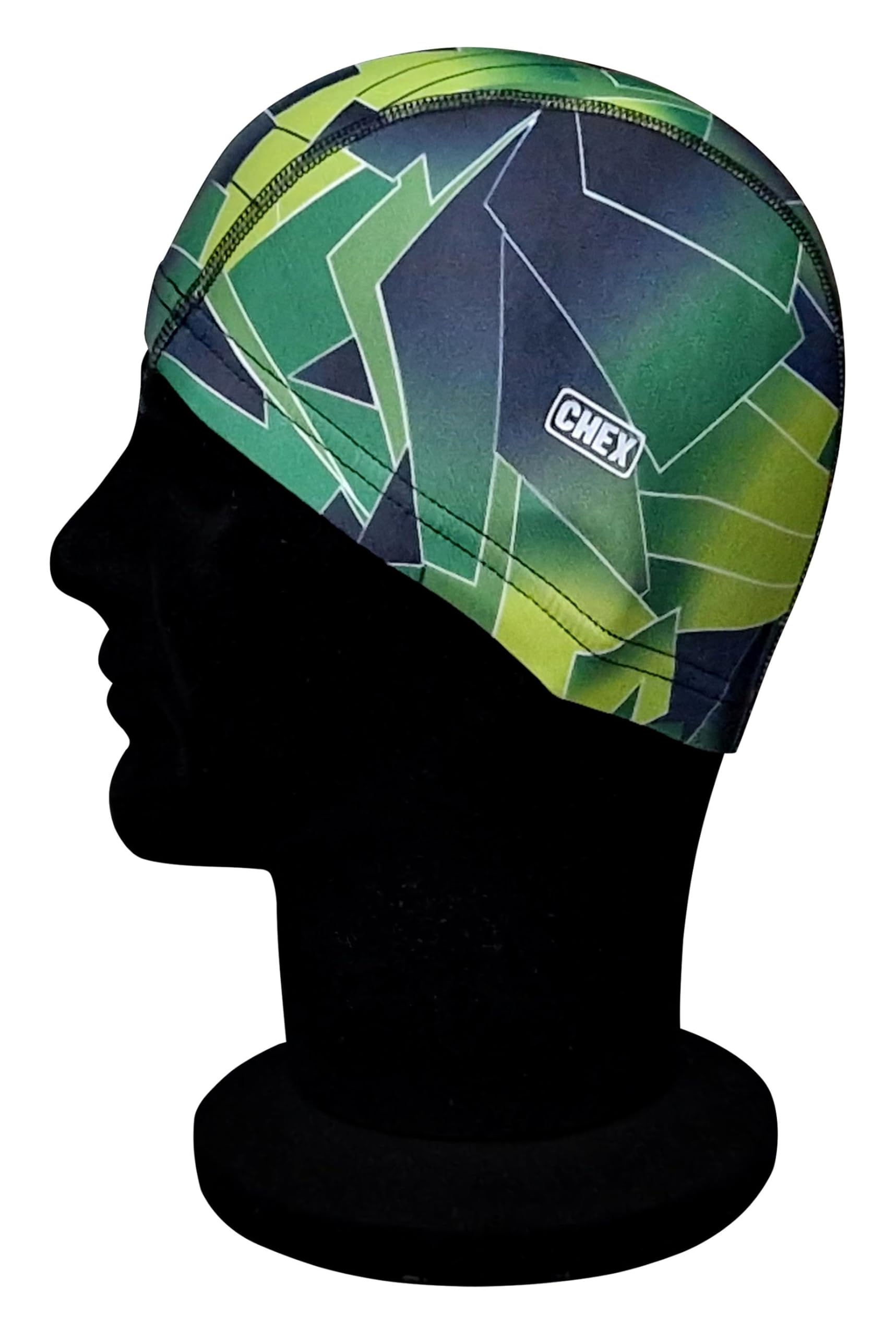 CHEX Elasticated Nylon Lycra Stretchy Anti Tear Easy Fit Abstract St Tropez Print Lightweight Pull On Swimming Hat Swim Cap One Size Suitable For Ages 3+ Years (Green)