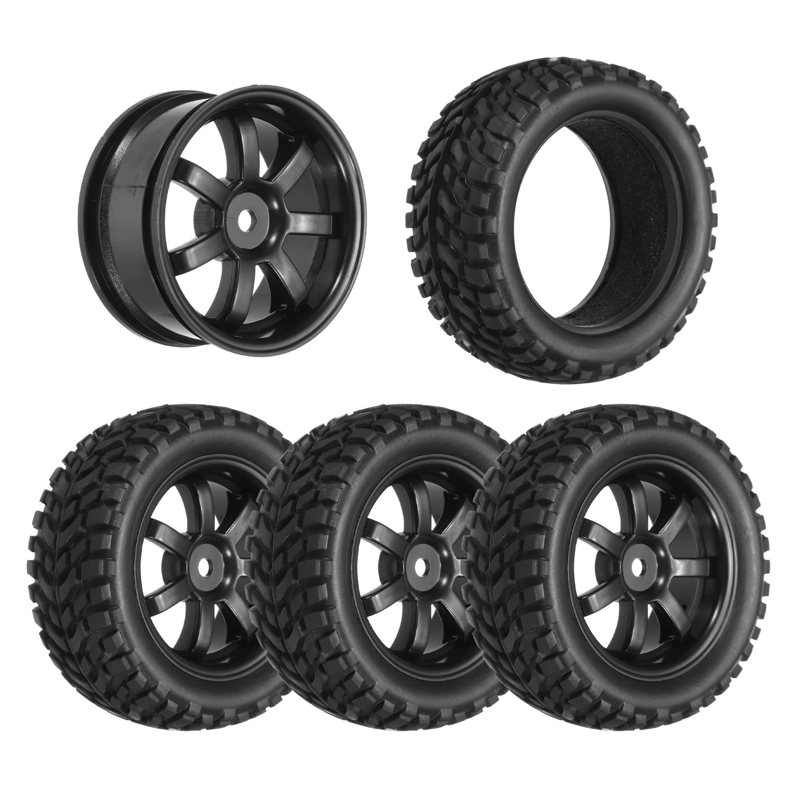 sourcing map 4-Pair High-Grip RC Car Tire & Wheel Set for 1/10 Scale On-Road Touring Cars - Soft Rubber Tyres with 12mm Hubs, Black, Type l