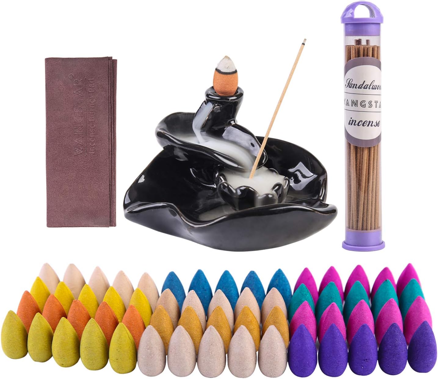 wangstar Incense Set, Incense Sticks Holder Burner Backflow Incense Cones Burner 50pcs Incense Sticks and Variety 60pcs Incense Cones Incense Burner Mat Home Fragrance Home Decor