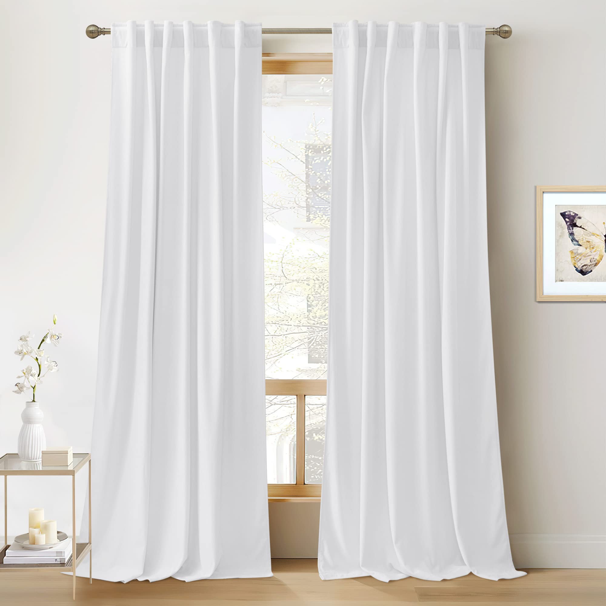 RYB HOME White Velvet Curtains 102 inches, Back Tab Soft Fabric Room Darkening Thermal Insulated Luxurious Home Decor Curtains for Living Room Bedroom, W 52" x L 102", 2 Panels Set Image