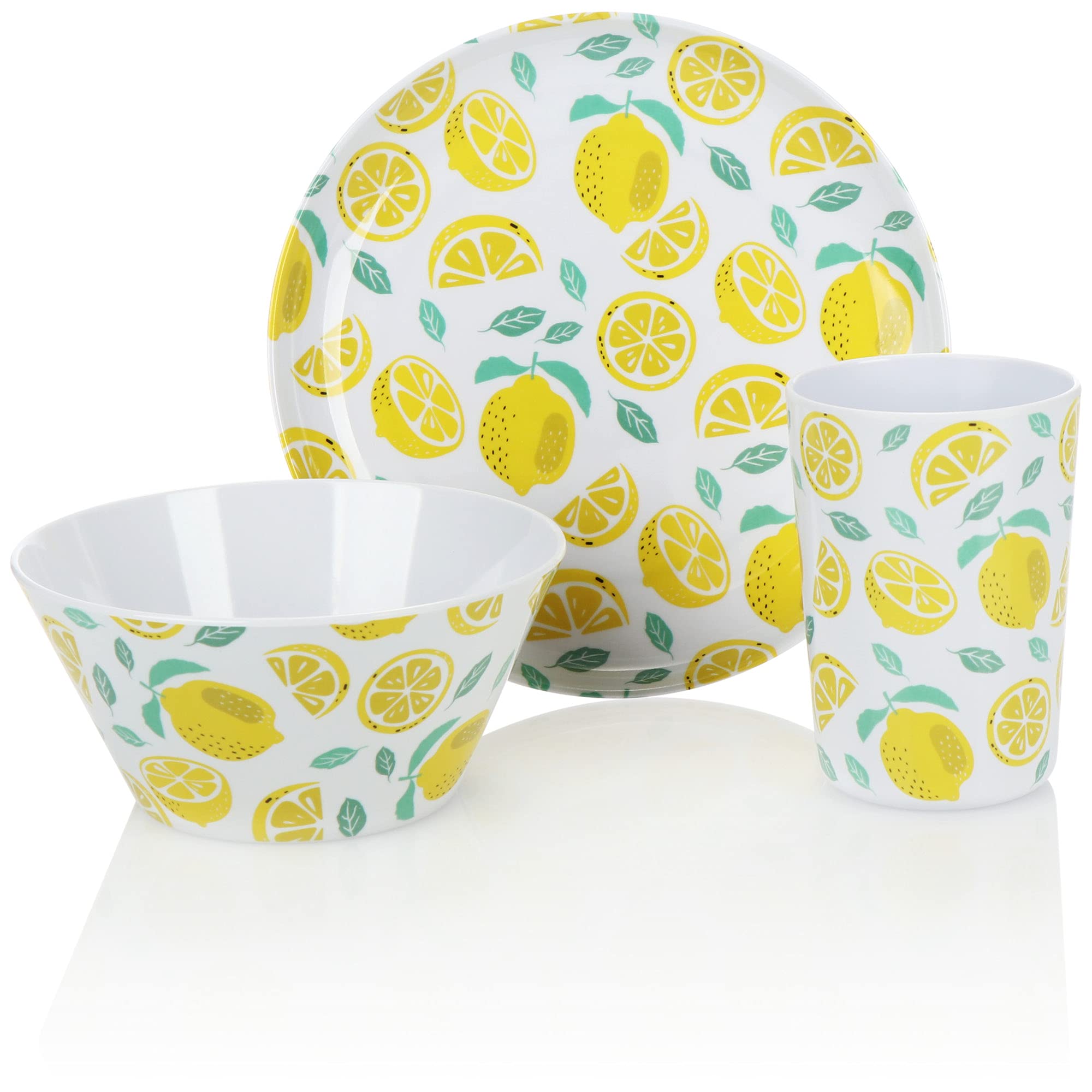 COM-FOUR® 3-piece Tableware Set - Reusable, Reusable Tableware Made of Melamine - Cups, Bowls and Plates with a Summery Design (3 Pieces - Lemons)