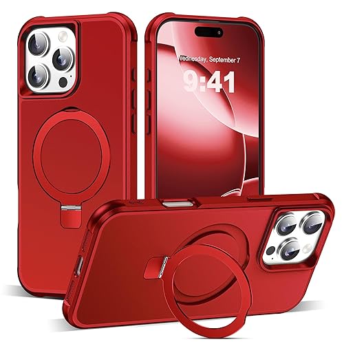 SKYLMW Compatible with iPhone 16 Pro Max Case with Invisible Magnetic O-Ring Stand Military-Grade Case for iPhone 16 ProMax 6.9" [Compatible with Mag-Safe][Great Grip Feeling], Red