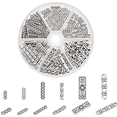 PH PandaHall 160pcs Rectangle Spacer Bar Beads, 6 Styles Tibetan Antique Silver Beads 3 4 6 Hole Multi Strand Connector Link End Bar for Layered Bracelets Necklaces Jewelry Making