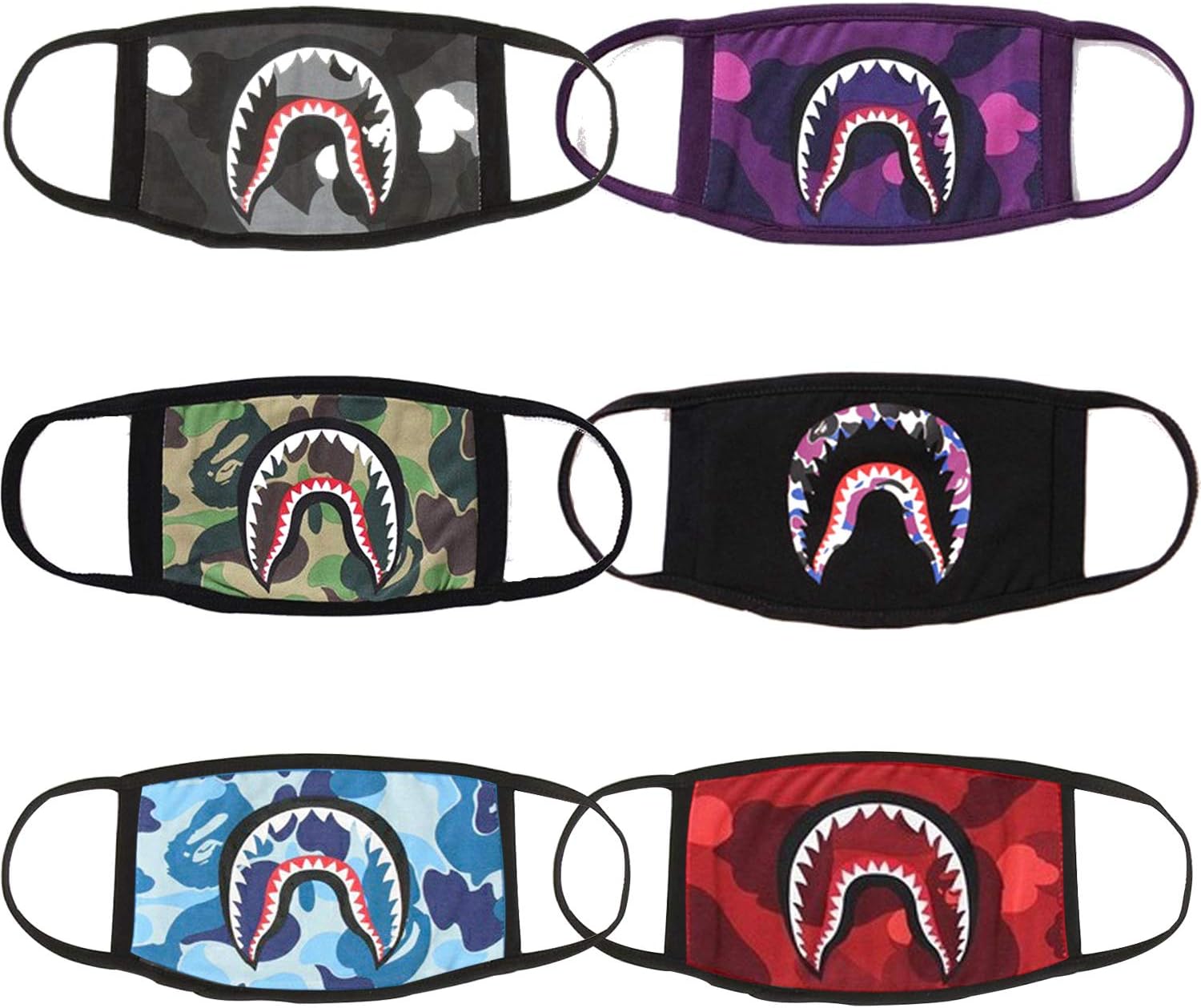 MC TTL 6 Pack Shark Black Purple Red Sky Blue Gray Camouflage Mouth Face Mask Cotton Mouth-Muffle Cotton Fashion Anti-dust Bape Half Face Mouth Mask for Boys and Girls.