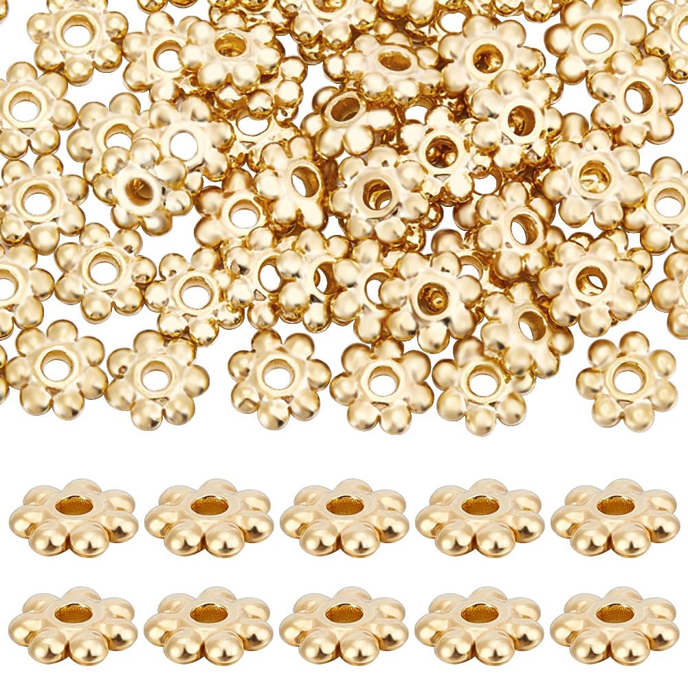 Beebeecraft 1 Box 80Pcs Flower Spacer Beads 18K Gold Plated Stainless Steel 6mm Round Daisy Flower Sided Spacer Beads Caps for DIY Jewellery Making Bracelets Earrings