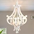 Wooden Farmhouse Chandelier 4 Lights Rustic Antique White Chandeliers for Dining Room French Country Chandelier Orb Pendant light Fixtures Hanging for Kitchen Living Room Foyer Bedroom Entryway