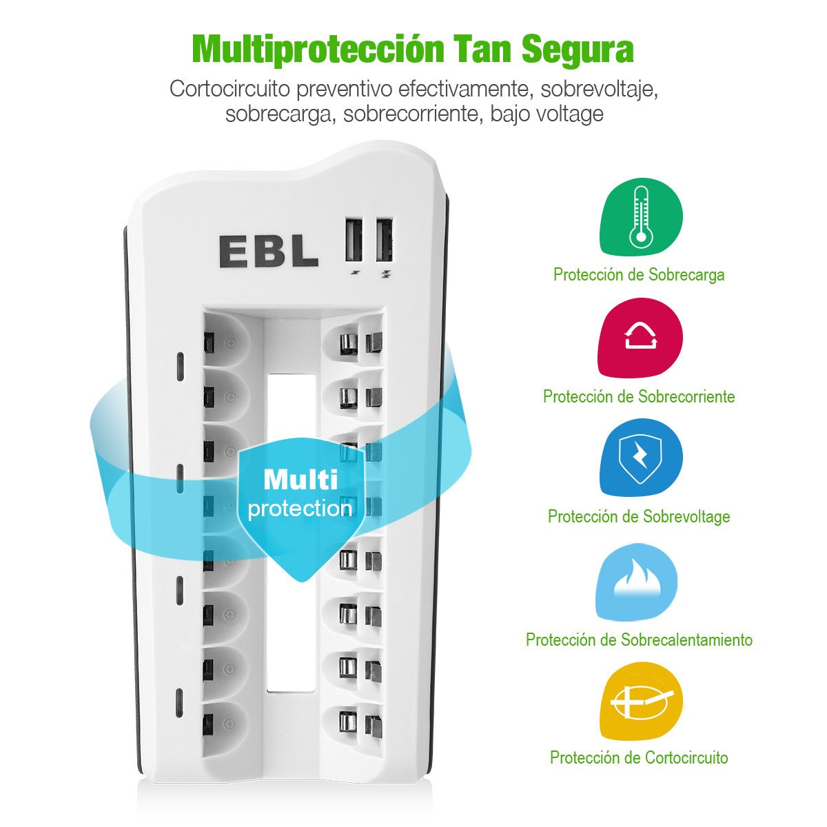 EBL 808U Cargador de Batería con 8 Ranuras para Batería Recargable AA / AAA NiMH/NiCd con 2 Puertos de USB