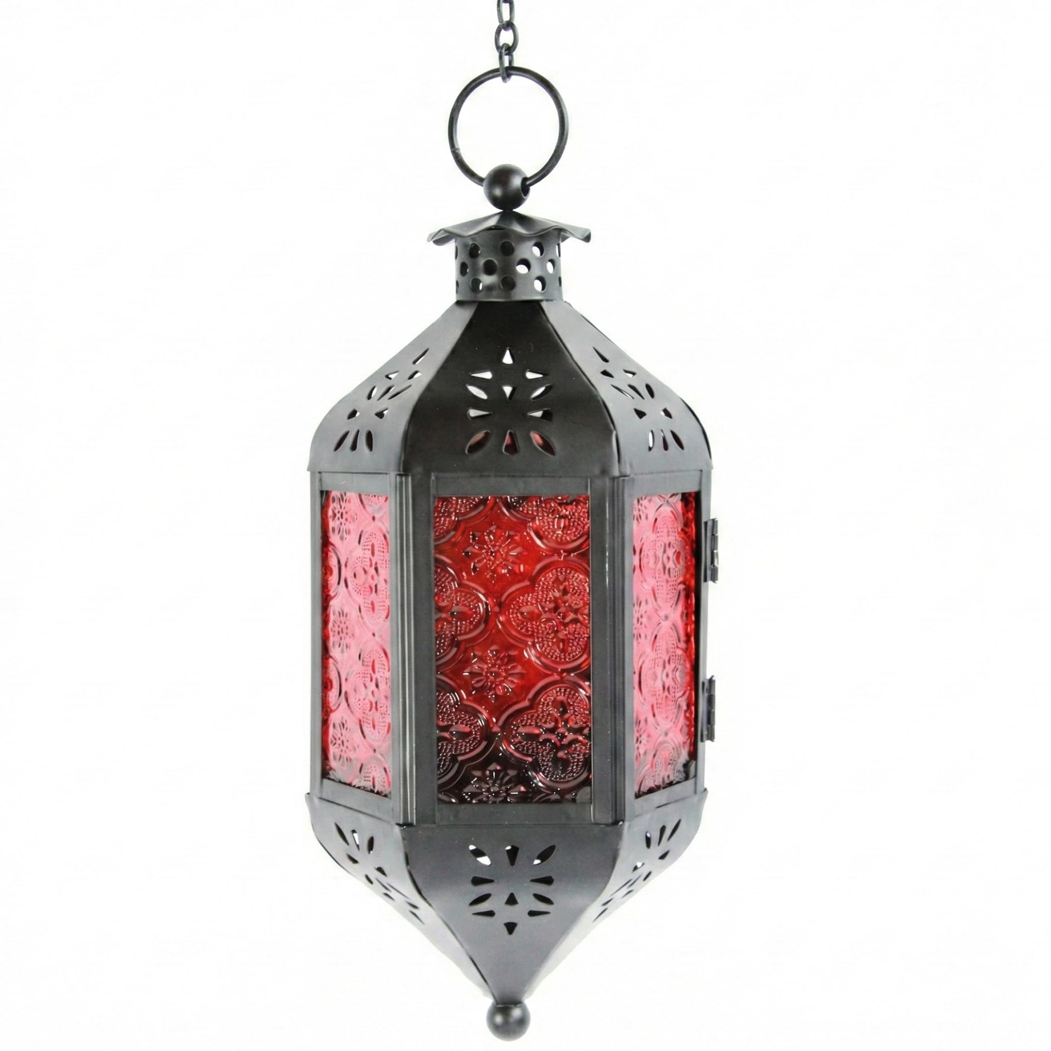 Red Glass Hanging Moroccan Candle Lantern with Chain — image 1