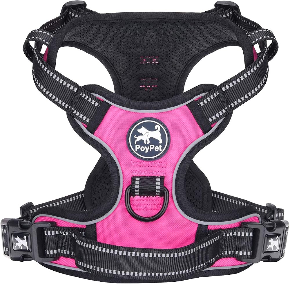 PoyPet No Pull Dog Harness Reflective Vest with 2 Leash Attachments (Hot Pink,