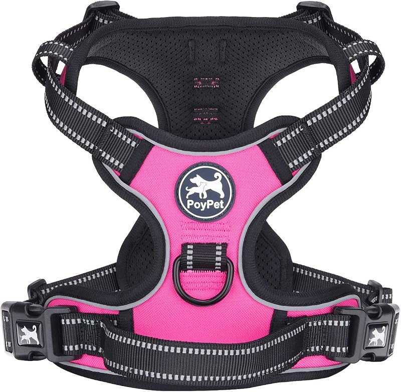 PoyPet No Pull Dog Harness Reflective Vest with 2 Leash Attachments (Hot Pink,