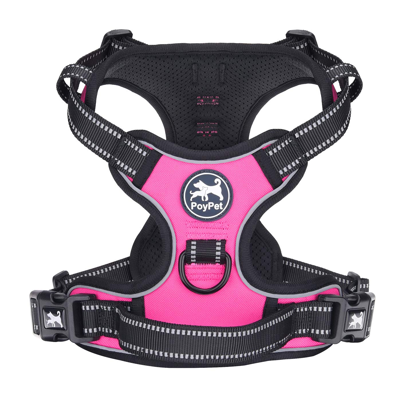 PoyPet No Pull Dog Harness, Reflective Vest Harness with 2 Leash Attachments and Easy Control Handle for Small Medium Large Dog(Hot Pink,S)