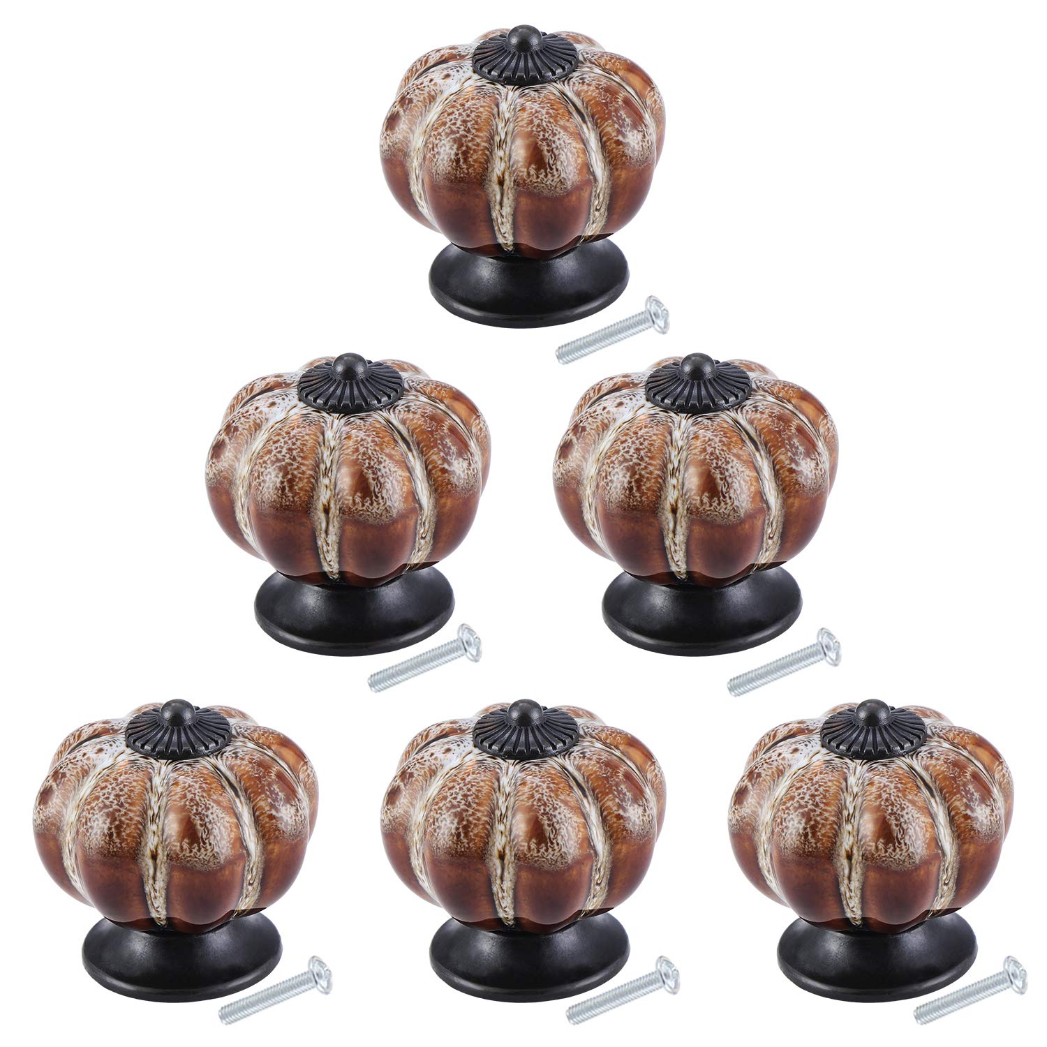 TsunNee 6PCS Ceramic Cabinet Knobs, Chic Leopard Drawer Knobs, Antique Pumpkin Kitchen Cupboard Handles, 40mm Round Furniture Door Knobs, White