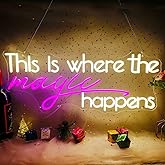 This Is Where The Magic Happens Neon Sign Large, 25.6x10.4 Inch This Is Where The Magic Happens Signs with Remote Dimmer, Neon Lights for Bedroom Wedding, Christmas Party Decor, Warm White-Hot Pink