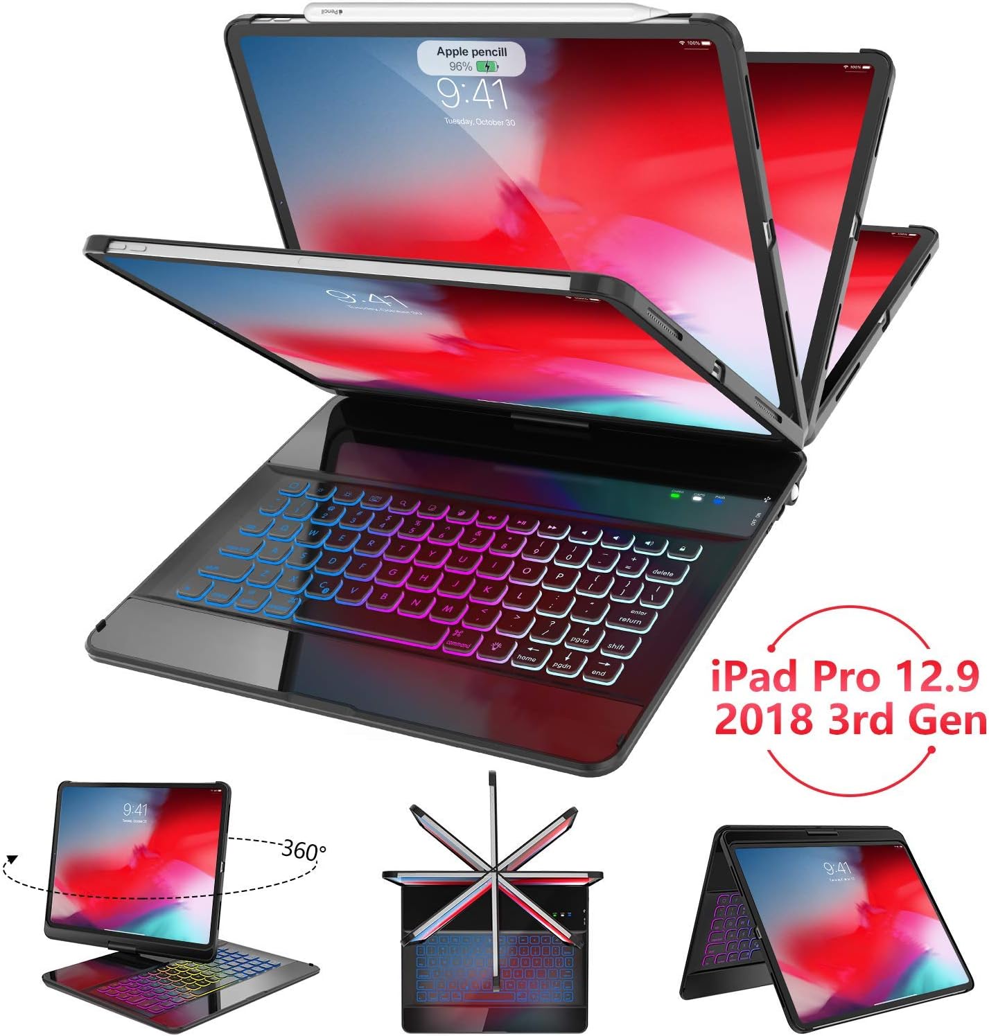 iPad Pro 12.9 Case with Keyboard 2018 (3rd Gen) - Not fit 2017/2015, 17 Color Backlit 360 Rotate & 180 Flip Smart BT Wireless Keyboard Case with Auto Wake/Sleep, Support Apple Pencil Charging - Black