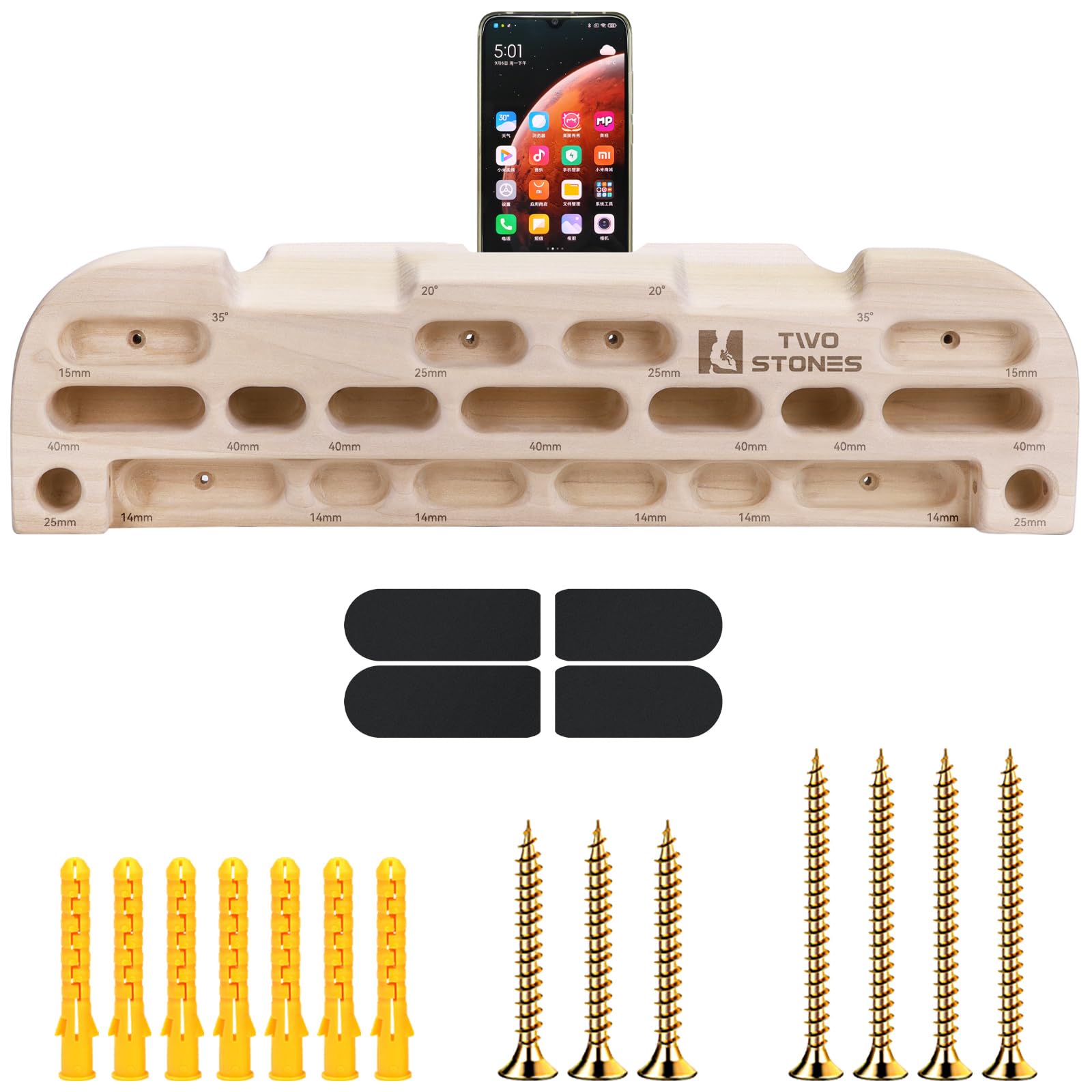 TWO STONES Climbing Hangboard Rock Climbing Training as Climbing Fingerboard with Jugs, Slopes and Edges, Pockets and Phone Holder CJ-HB2049