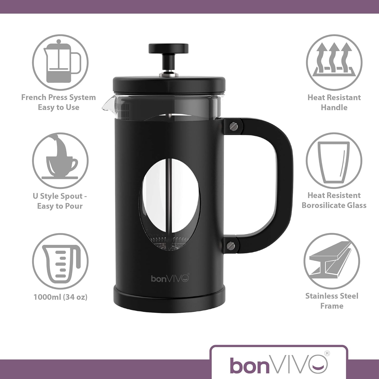 Stainless Steel Cafetiere With Glass Jug 34 Oz 1 0 L 1 000ml Coffee Press In Large Coffee Plunger With Filter Manual Coffee Maker With Black Finish Bonvivo Gazetaro I French Press Coffee Maker Cafetieres