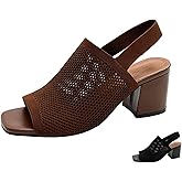 OXNEUHG Women's Knit Peep Toe Chunky Block Heeled Sandals with Ankle Strap Fashion Cut Out Open Square Toe Backless Slip On High Heels Summer Casual Work Office Wedding Dressy Pumps