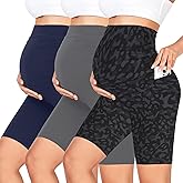 GROTEEN 3 Pack Women's Maternity Shorts Over Belly with Pockets - 8'' High Waisted Workout Yoga Pregnancy Biker Shorts