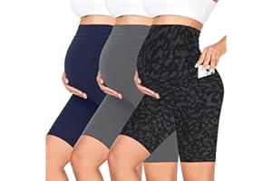 GROTEEN 3 Pack Women's Maternity Shorts Over Belly with Pockets - 8'' High Waisted Workout Yoga Pregnancy Biker Shorts