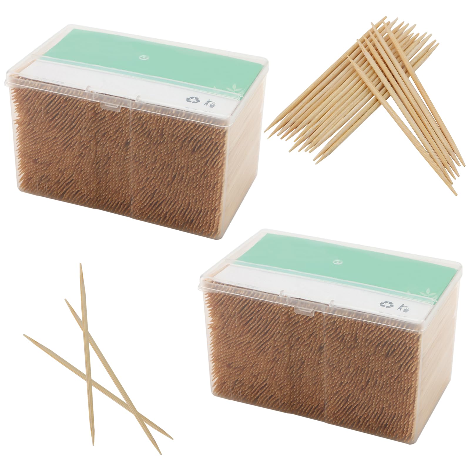 DAKFOOK 2 Boxes Natural Bamboo Toothpicks, 7200 Pcs Double Sided Wooden Cocktail Sticks, 6.5cm Wood Tooth Picks Sticks for Desserts, Appetizer, BBQ Parties, Fruit Picks