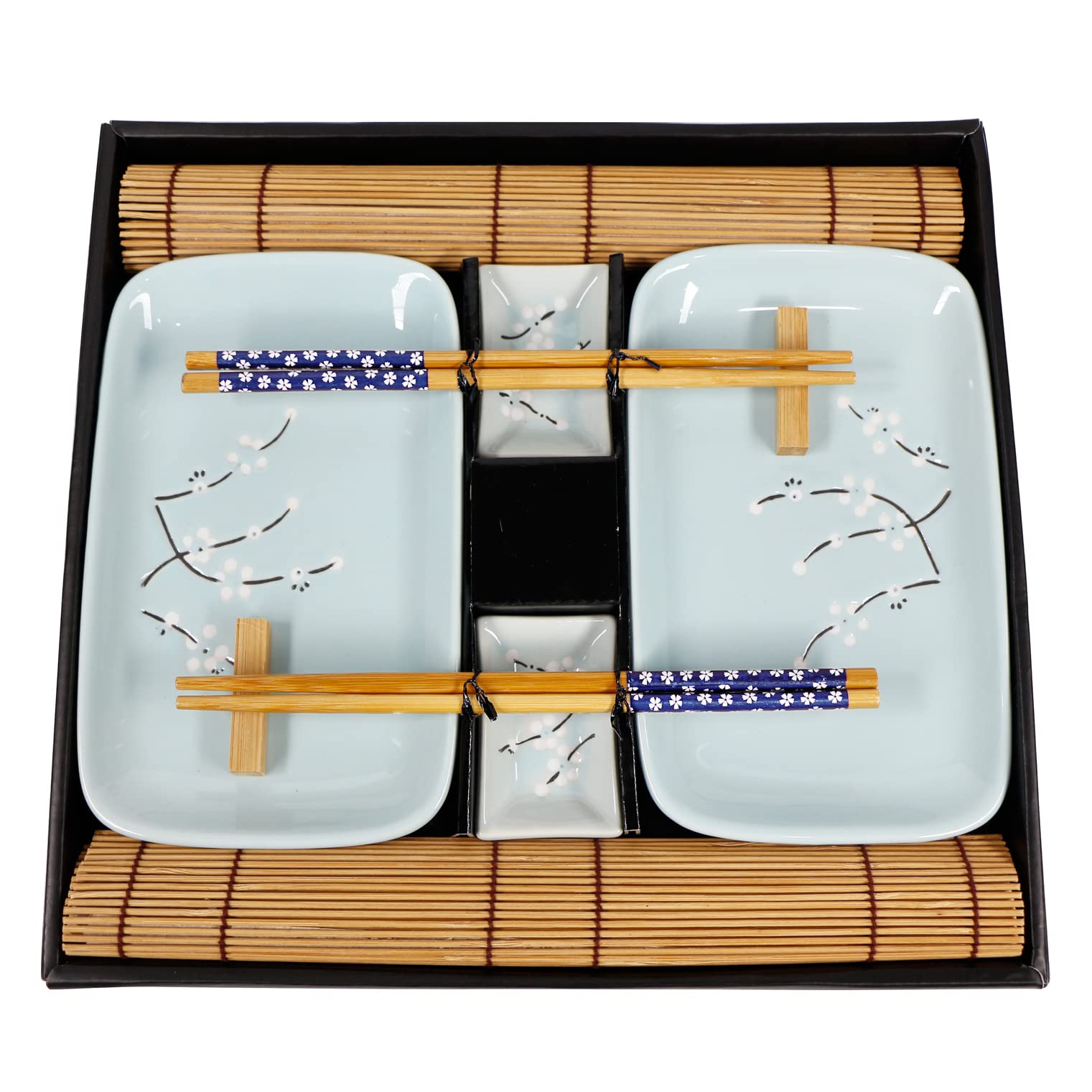 EXZACT Sushi Plate Set 10pcs - 2 x Sushi Plates, 2 x Dip Bowls, 2 x Placemats, 2 x Chopsticks Rests, 2 Pairs of Chopsticks - Porcelain - Gift Box - Blue