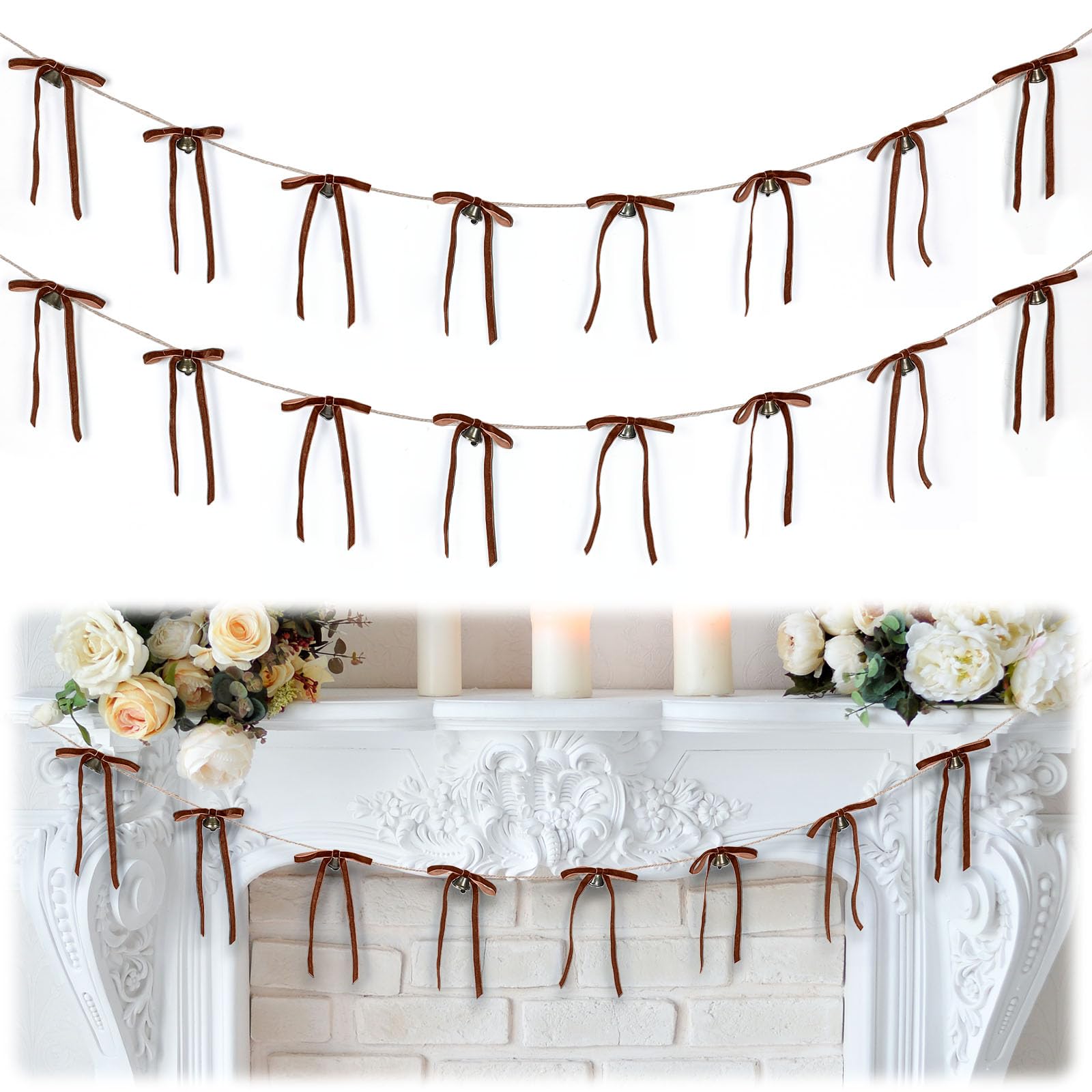 Photo 1 of 12 Ft Khaki Velvet Christmas Bow Garland Pre-String Coquette Bow with Vintage Bell Ribbon Banner for Christmas Tree Hanging Decoration Xmas Fireplace Staircase Fireplace Ornament