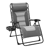 JEAREY Oversized Padded Zero Gravity Chairs, Folding Lounge Chair Outdoor Patio Recliner, Anti Gravity Chair for Backyard with Headrest, Cup Holder, Side Tray, Polyester Mesh - Gray/Light Gray