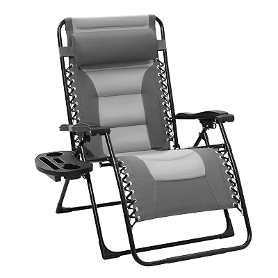 JEAREY Oversized Padded Zero Gravity Chairs, Folding Lounge Chair Outdoor Patio Recliner, Anti Gravity Chair for Backyard with Headrest, Cup Holder, Side Tray, Polyester Mesh - Gray/Light Gray