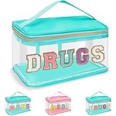 Clear Patch Letter Bag Medicine Drugs Pouch with Handle, Travel Chenille Letter Makeup Cosmetic Bag for Women Girls, Waterproof Nylon PVC Zipper Toiletry Meds Storage Case Stadium Bag(Green, DRUGS)