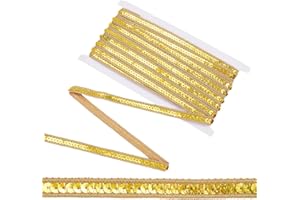 CABODYALS Gold Sequin Bead Fabric Ribbon Trim Flat Bling Gimp Braid Lace Metallic Glitter Sequins Beaded Polyester Strip Bulk for Sewing Making Crafts Clothes Dresses Wedding Home Decor Curtain DIY