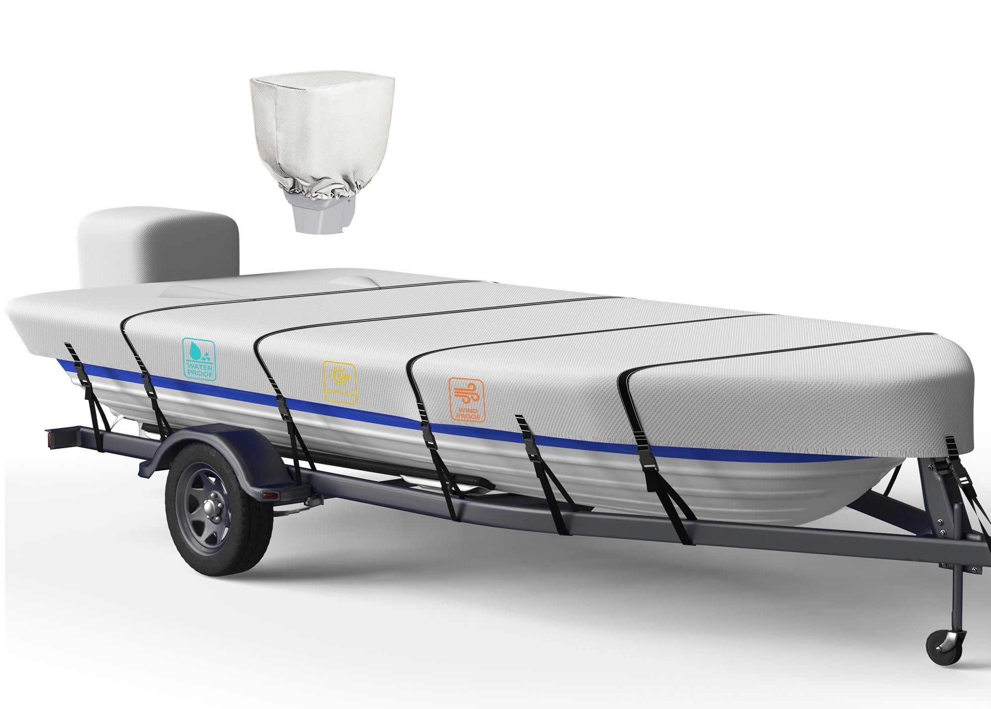 Photo 1 of 1200D 5-Layer Jon Boat Cover 16-18ft with Motor Cover | Super Waterproof (2-Layer PU, 1" Seam Tape) | UV Resistant, 11+4 Windproof Straps | Mooring/Trailerable