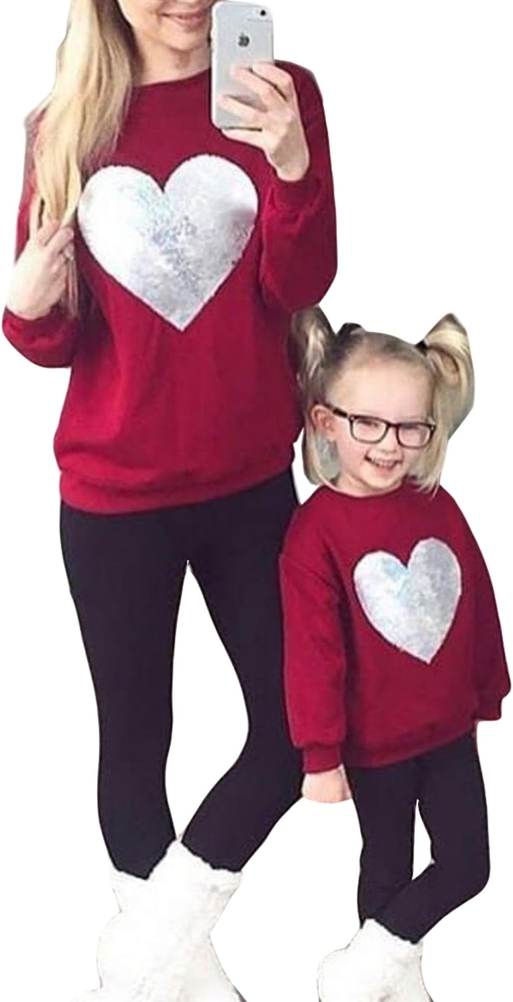 Family Mom and Daughter Matching Outfits Winter,Mother and Daughter Clothes Sweatshirt Heart-Shaped Sequins Pullover for Women Girls