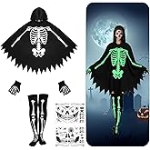 RunNico 5 Pcs Halloween Glowing Skeleton Hooded Poncho, 46'' Halloween Skeleton Cape Set with Gloves Socks Face Stickers, Day of The Dead Ghost Poncho Costume for Women Adult Themed Cosplay Party