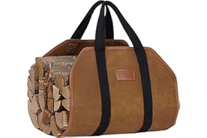 STBOO Waxed Canvas Firewood Log Carrier, Heavy Duty Sturdy Large Log Tote Bag for Fire Wood, Firepit Outdoor Camping, BBQ, Fireplace, Wood Stove Accessories,Brown