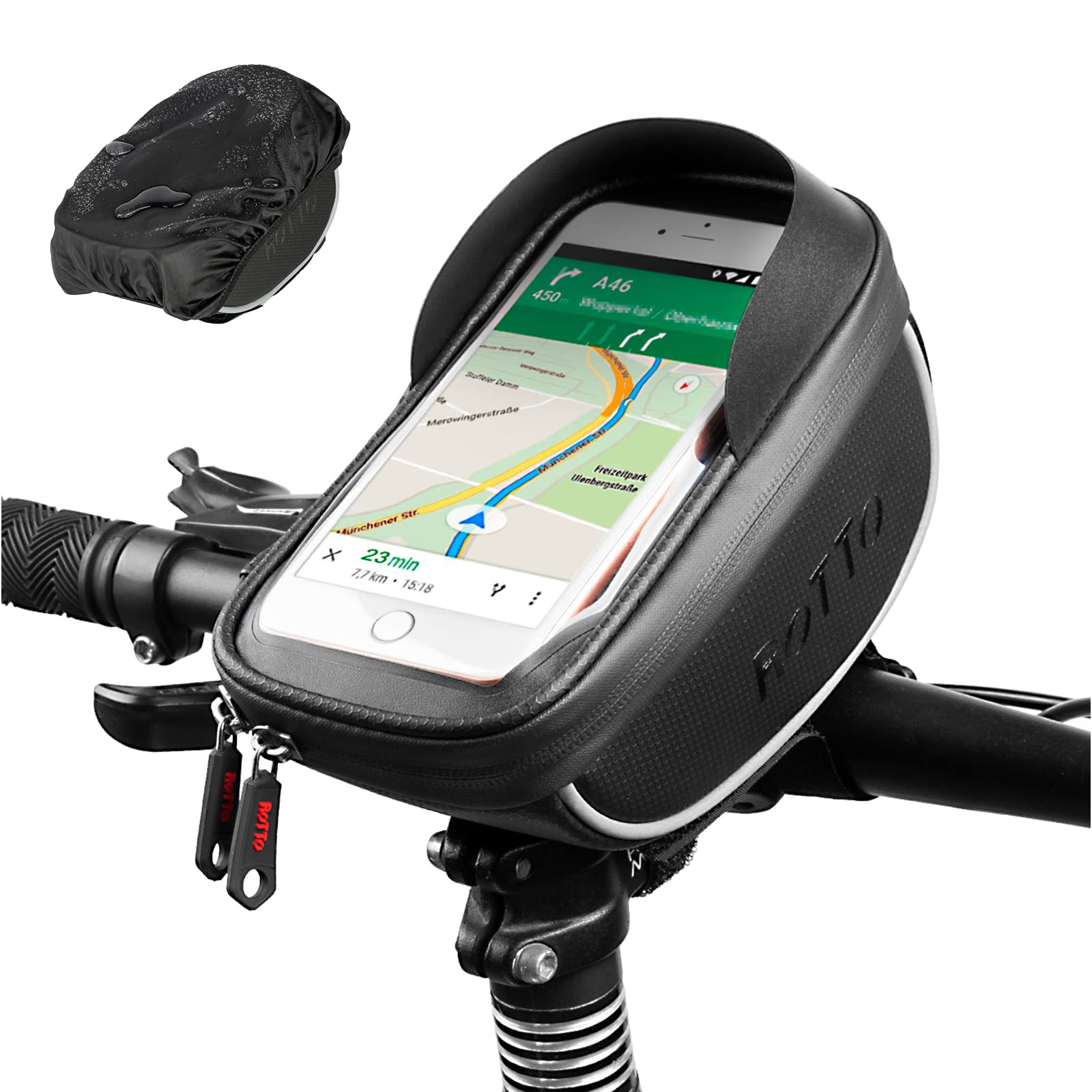 ROTTO Bike Handlebar Phone Bag Bicycle Mobile Phone Holder Pouch Sensitive Touch Screen Waterproof with Rain Cover