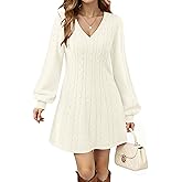 VAFOLY Womens V Neck Long Sleeve Cable Knit Fall Dresses Elegant Babydoll Sweater Dress