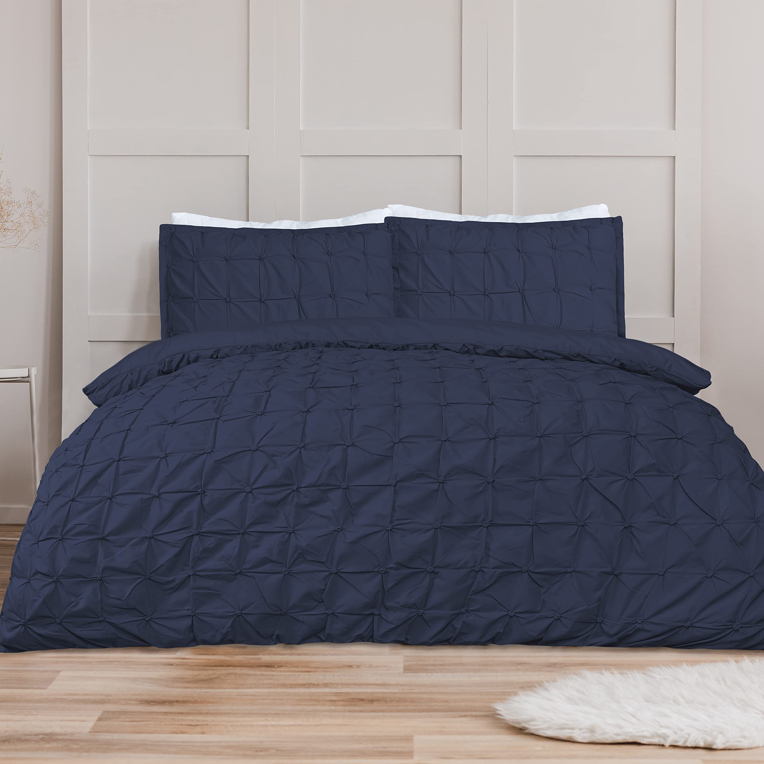 Sleepdown Duvet Cover Set - Navy Blue - Rouched Pleats Geometric Pintuck - Ruched Quilt Cover Easy Care Bed Linen Soft Cosy Bedding Sets with Pillowcases - Double (200 cm x 200 cm)