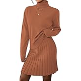 Pink Queen 2026 Women's 2 Piece Sweater Outfits Set Long Sleeve High Neck Top Pleated Mini Skirt Ribbed Knit