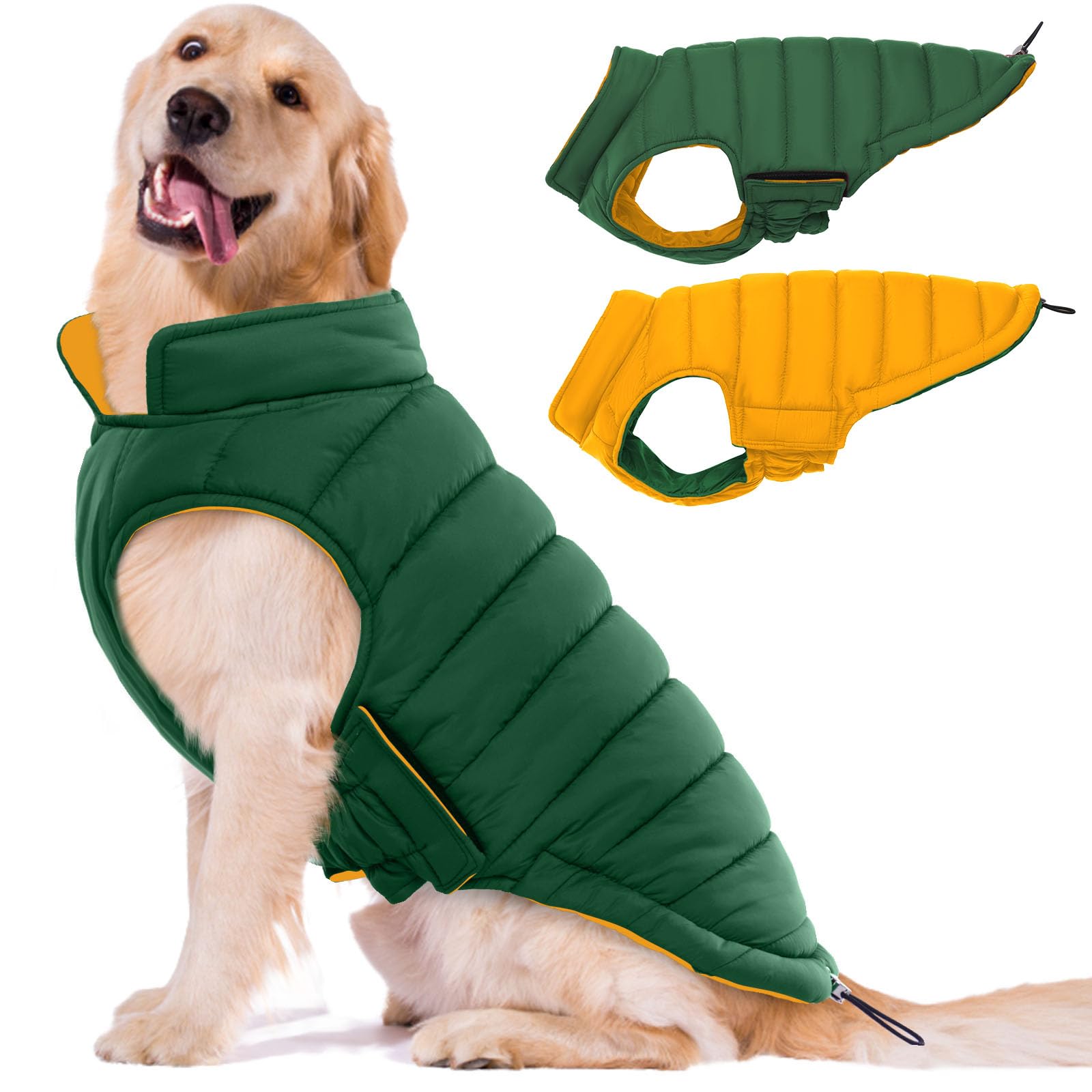 Photo 1 of Lelepet Reversible Dog Coat Lightweight Warm Dog Jacket Padded Vest Windproof Cold Weather Coat Sonwsuit with Hook & Loop Leash Hole Coats for Large Dogs, Non-Shedding, Easy on/Off, Green, XXXL