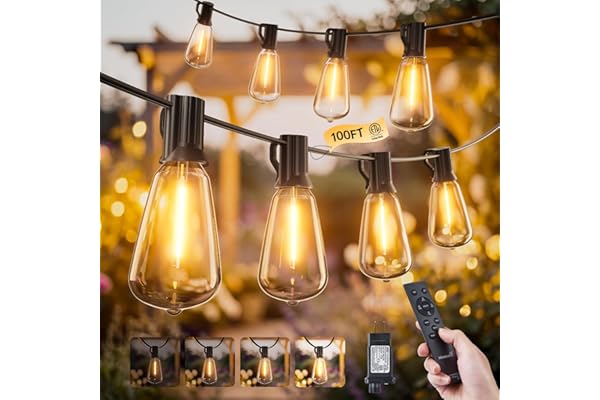 Minetom 100FT Outdoor-String-Lights with Remote, 31+2 Shatterproof ST38 LED Bulbs, Waterproof Patio Lights with 3 Modes, Dimmable & Connectable 2700K Hanging Lights for Backyard Porch Deck Balcony